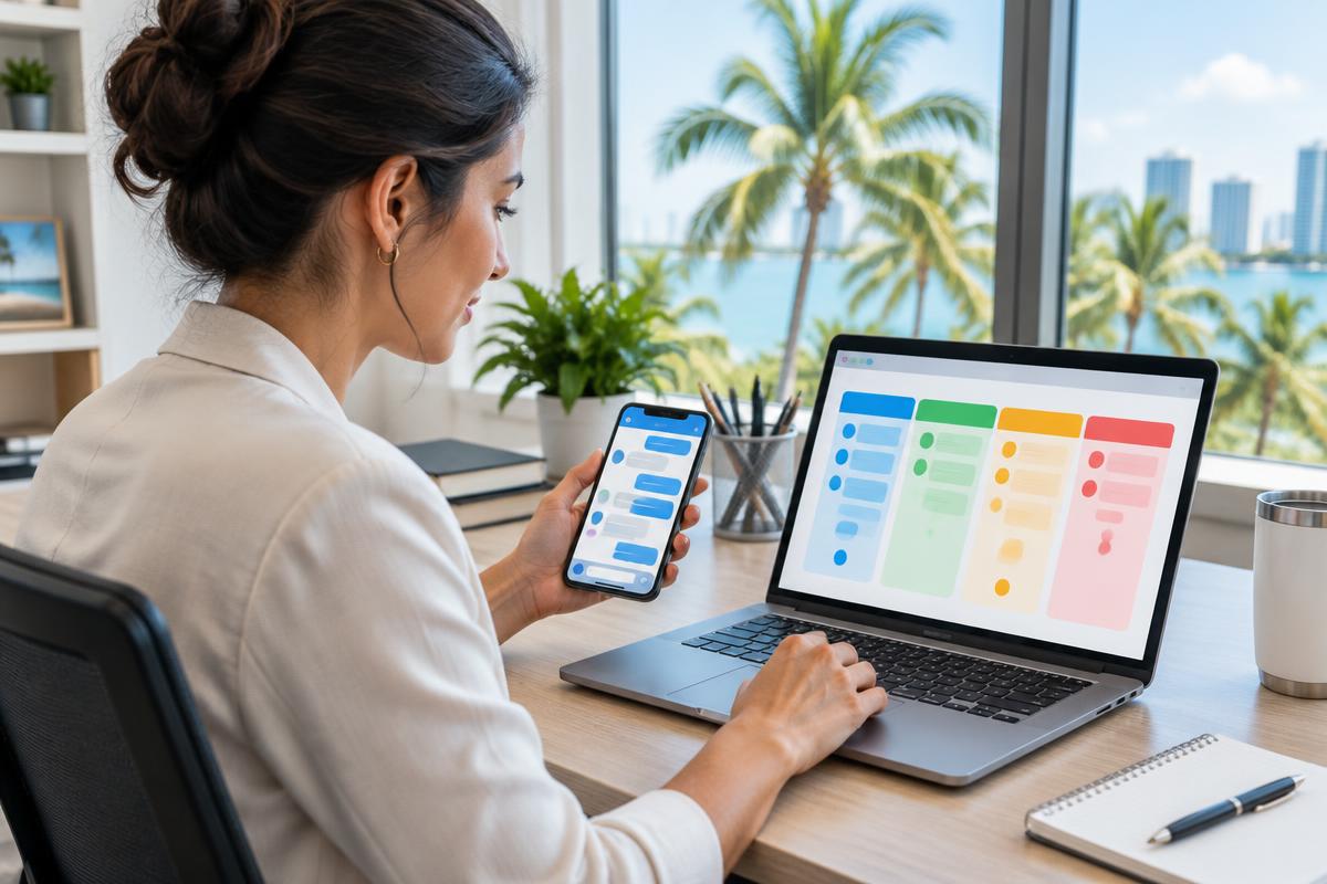 Business owner reviewing CRM pipeline and customer text messages on a laptop and phone