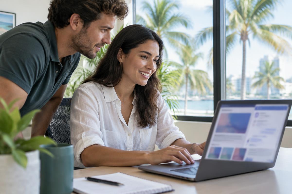 Small business owner building a web page with an AI assistant on a laptop in a bright South Florida office